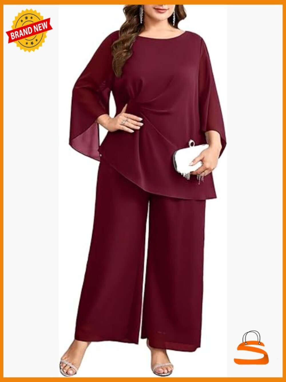 Plus Size Chiffon Pant Suit Set Asymmetric Top Wide Leg Pants Wedding Guest
